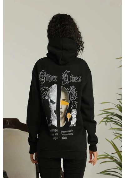 Oversizekapüşonlu Sweatshirt Other Lives Ön Ve Arka Baskılı,siiyah - Siyah