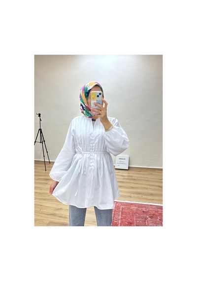 Moonsc Kadın Rahat Kalıp Nervürlü Beyaz Standart Keten Beden Tesettür Gömlek
