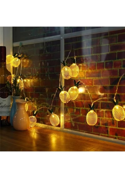 Metal Ananas Figürlü 10lu Led Işık Zinciri, Dekoratif Ev, Parti, Yılbaşı Ve Oda Süsleme Aydınlatma Sarı