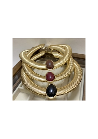 Lunarie Kalın Choker Kolye 14k Gold İri Oval Bordo Taşlı Vintage Altın
