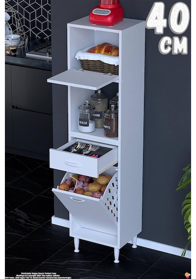 Meva 40 Cm Sepetli Çok Amaçlı Beyaz Mutfak Kiler Banyo Dolabı 40x163x32 Cm