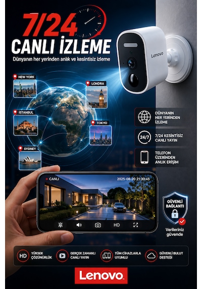 Lenovo 5mp Wifi Adaptörlü Uzaktan İzlenebilen Gece Görüşlü Hareket Algılamalı Güvenlik Kamerası