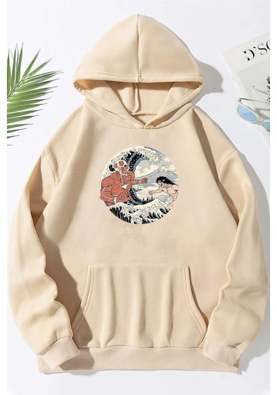 Uyguntarz Unisex Kanagawa Oki Nami Ura Baskılı Sweatshirt Bej
