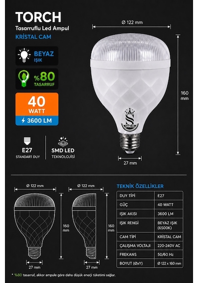 40w Kristal Tasarruflu E27 Beyaz Işık Torch Led Ampul 6 Adet 6 Adet