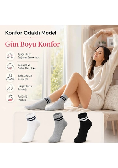 COJans Unisex Çizgili Bilek Çorap 12'li %80 Pamuklu Dikişsiz Burun, Siyah Beyaz Gri Günlük Spor Çok Renkli
