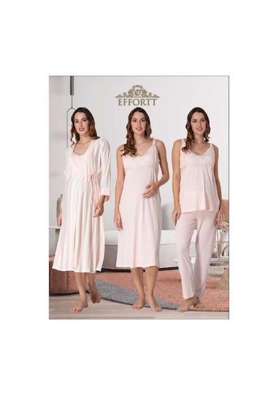 Effortt Dvina Lohusa Hamile Gecelik, Çizgili Sabahlıklı Ve Pijama Takımı Set - 4'lü Takım - Pembe Pembe