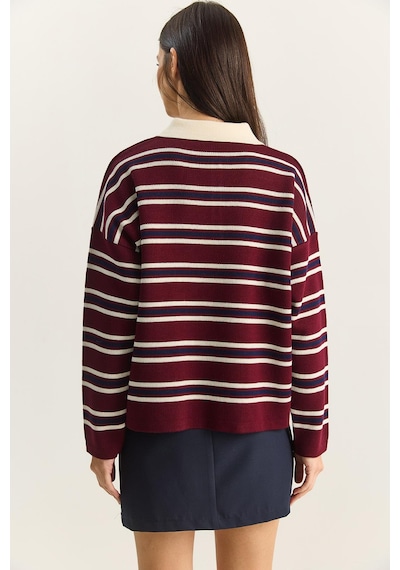 Shade Polo Yaka Çizgili Basic Triko Kazak 20258061 - Bordo