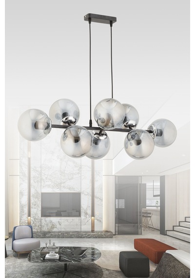 Cross 8'li Krom - Siyah Füme Glob Camlı Modern Sarkıt Avize Oturma Odası Salon Siyah Siyah