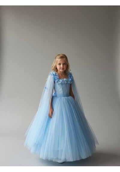 Zekids Kız Çocuk Kol Detaylı Prenses Model Abiye Elbise-17245 Mavi