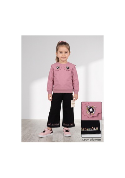 Deniva Kids Kız Çocuk Pembe Çiçek Nakışlı Yakalı Sweatshirt Ve Siyah Pantolon Takım