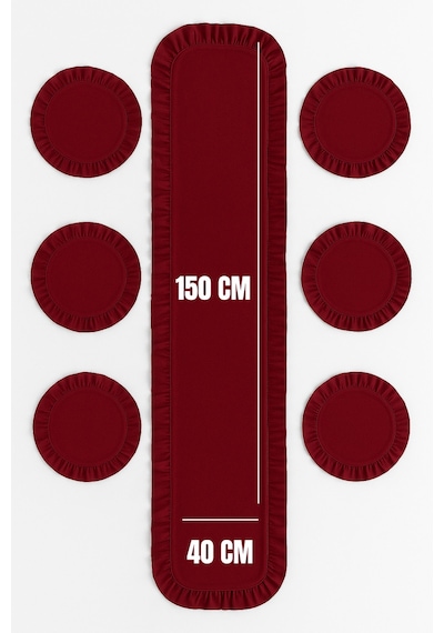 7 Parça Fırfırlı Sofra Sunum Seti 6 Adet Amerikan Servisi Supla + 1 Adet Fırfırlı Runner - 40x150 Cm Kırmızı