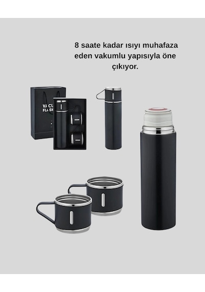 500 Ml Paslanmaz Çelik Termos Seti Sızdırmaz, Vakumlu, Isı Koruma Özellikli, Taşınabilir Termos Siyah