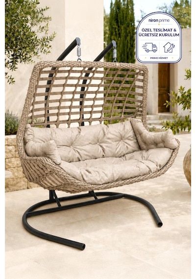 Niron Balina Çift Kişilik Rattan Bahçe Salıncağı Cappucino - Minderli Konfor Sütlü Kahverengi Niron Balina Çift Kişilik Rattan Bahçe Salıncağı Cappucino - Minderli Konfor Sütlü Kahverengi