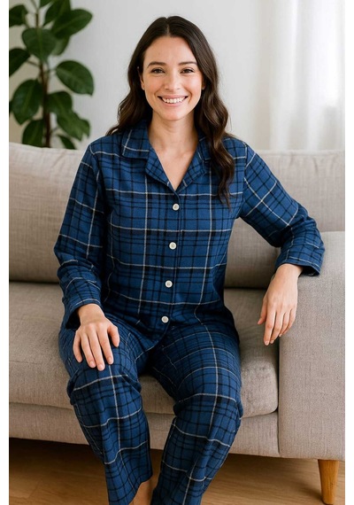 Tenra Kadın Pijama Takımı Boydan Düğmeli Süet Kareli Desenli Lacivert