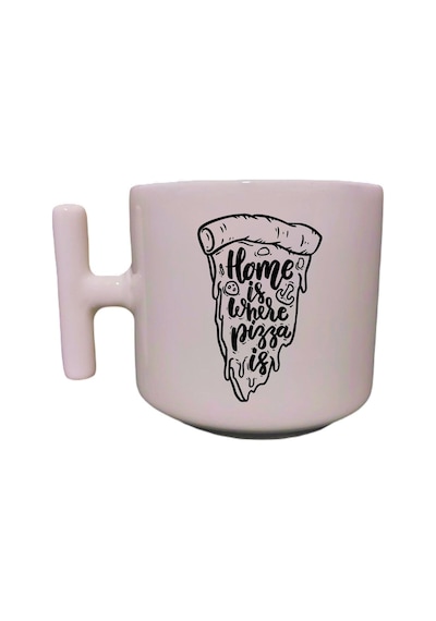 Home Is Where Pizza Is Yazılı Krem Rengi T Saplı Eğlenceli Özel Tasarım Kupa Bardak Latte Bardağı Beyaz