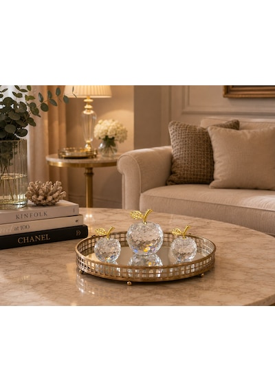 Chacha Home 3'lü Kesme Kristal Cam Elma Obje Seti Taşlı Yaprak Detaylı Lüks Salon Masası Konsol Aksesuarı Gold