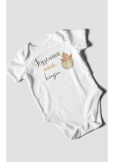 Teyzesinin Minik Kuşu Baskılı Bebek Zıbını Çıtçıtlı Body %100 Pamuk Kısa Kol Beyaz
