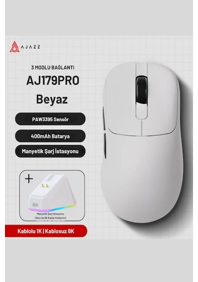 Aj179 Pro Kablosuz 3 Mod8000hz-26.000dpı Oyuncu Mouse Paw3395 Sensör Rgb Manyetik Şarj İstasyonu Diğer