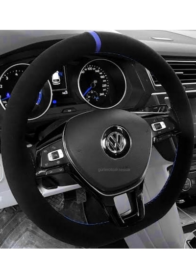 Vw Polo 2004+ Dikmeli Direksiyon Kılıfı Alkantara Mavi Yüzüklü