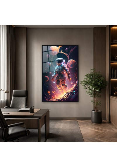Gezegenler Arasında Işıklı Astronot Siyah Çerçeveli Cam Tablo