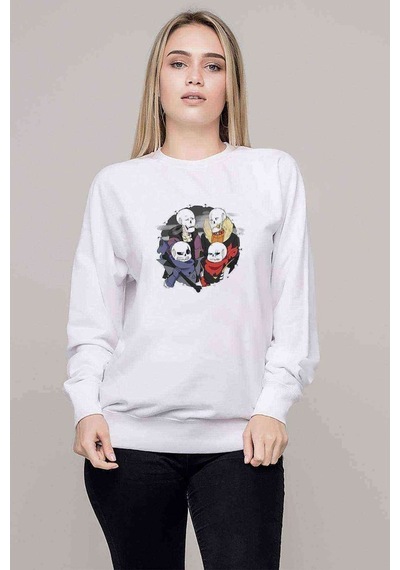 Undertale Skull Os Baskılı Beyaz Kadın Sweatshirt