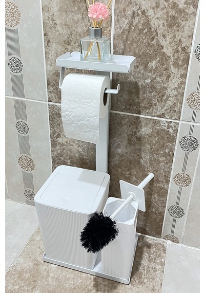 6 Parça Banyo Seti Çöp Kovası, Wc Fırça, Tuvalet Kağıtlık, Diş Fırçalık, Sıvı Sabunluk, Sabunluk Beyaz