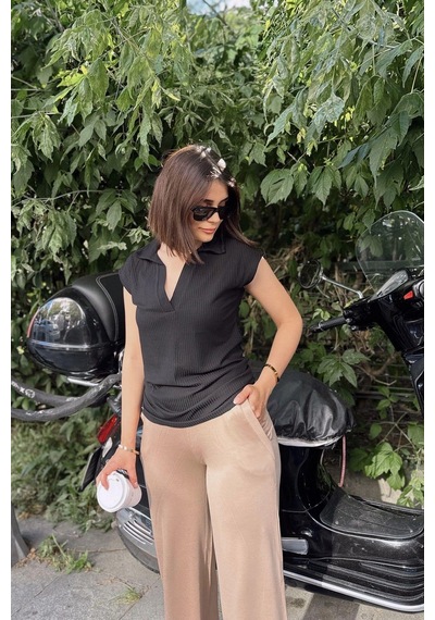 Siyah Polo Yaka, Kısa Kol, Fitilli Kaşkorşe Kumaş, Basic Kalıp/kesim, Spor Ve Günlük Bluz & T-shirt SIYAH