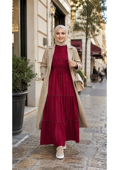 Hb Harma Time Butik Kadın Dantel Detaylı Beli Bağcıklı Ayrobin Bordo Elbise
