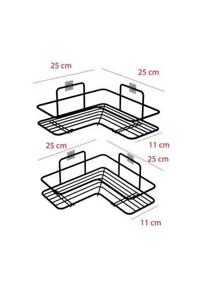 Yapışkanlı 2 Li Banyo Köşe Rafı - Siyah Metal Duş Şampuanlık Organizeri Siyah