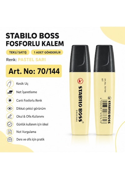 Boss Fosforlu Kalem 1 Adet Metin İşaretleme Kalemi Pastel Sarı