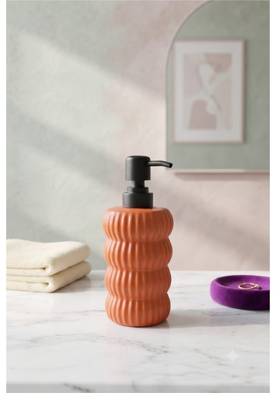 Dalgalı Seramik Mat Siyah Pompalı Sıvı Sabunluk - 400 Ml - 18 X 8 X 7 Cm Turuncu