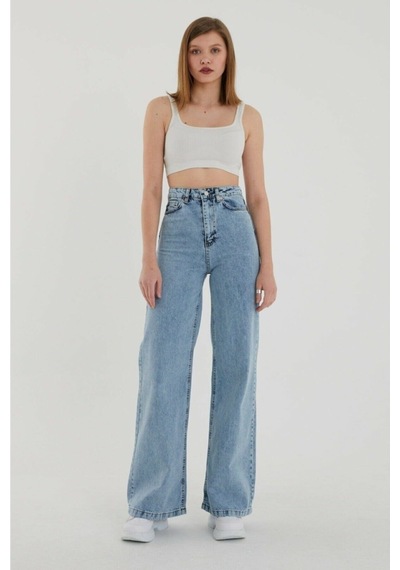 Lavajeans Süper Yüksek Bel Likralı Kar Yıkamalı Geniş Paça Kot Pantolon Wide Leg Açık Mavi
