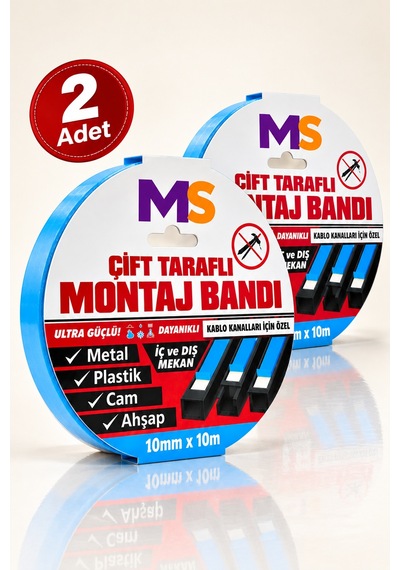 2 Adet Ultra Güçlü 10 Mm X 10 Mt Çift Taraflı Köpük Montaj Bandı Metal Plastik Cam Bantı Bantları