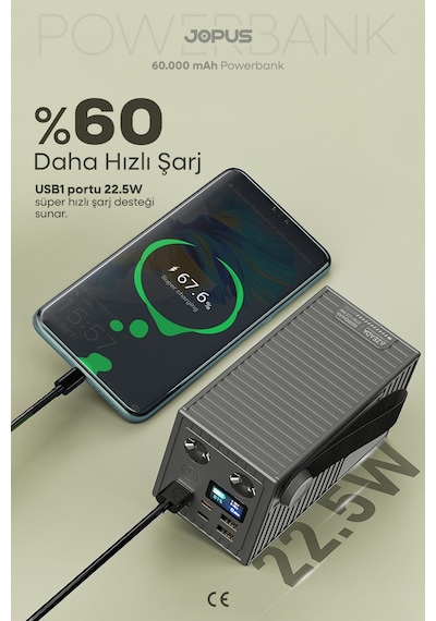 Jopus 60.000 mAh 27W Süper Hızlı Outdoor Kamp Powerbank Dijital Göstergeli Fenerli Taşınabilir Şarj Cihazı