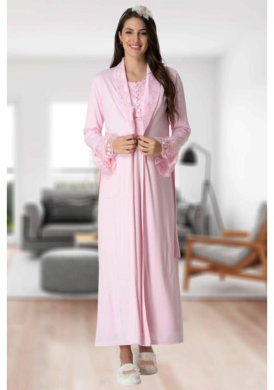 Mecit Pijama Mecit 5417 Bayan Hamile Lohusa Pembe Uzun Sabahlık Gecelik Takımı 001