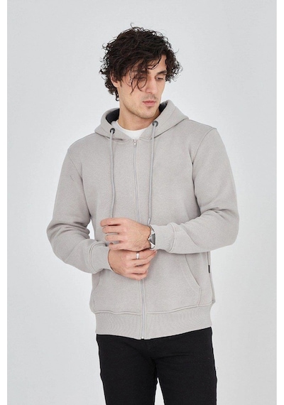Erkek 3 İplik Pamuklu Fermuarlı Kapüşonlu Kanguru Cepli Hoodie Hırka Sweatshirt - Boyalı Gri