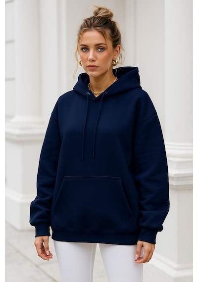 Kadın Lacivert Kanguru Cepli Kapüşonlu Scuba Sweatshirt Lacivert