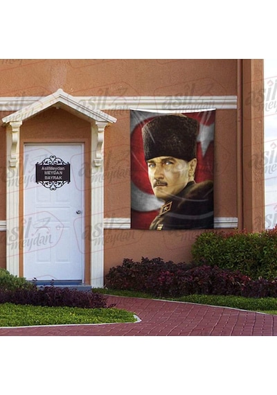 Mavi Gözlü Kalpaklı Gazi Mustafa Kemal Atatürk - Ay Yıldız Türk Bayrağı Poster Bayrak 100x150 Cm 1