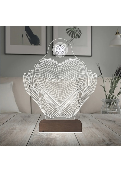 Luvivia Sevgiliye Hediye Kalp El Tasarımlı Kişiye Özel Metal Saatli 3d Lamba - Masa Gece Lambası