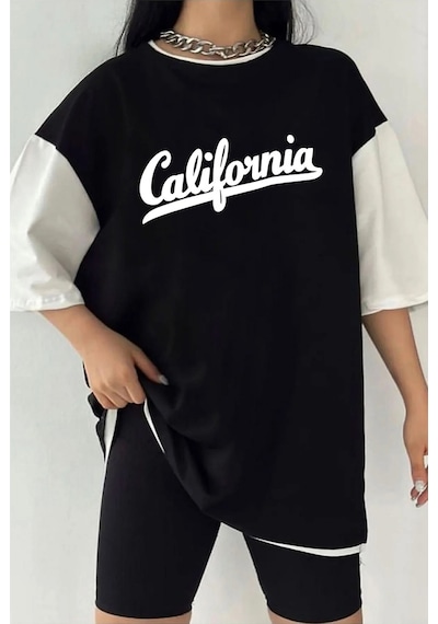 Çift Renk California Baskılı Unisex Tshirt Beyaz