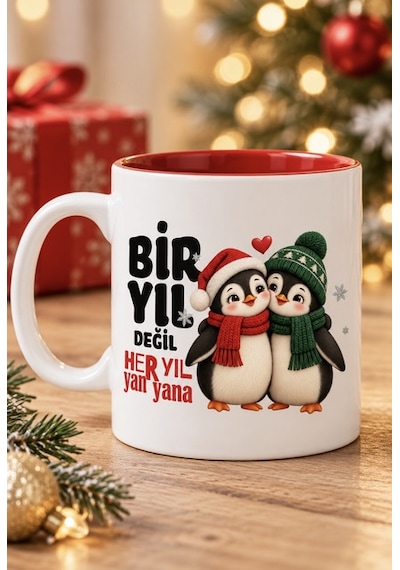 Mesela Yılbaşı Kupası Her Yıl Yan Yana Desenli Kırmızı İçli Hediyelik Kahve Kupa Bardak Beyaz