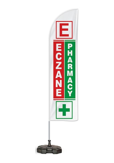 Eczane Pharmacy Yönlendirme Tanıtım ve Reklam Yelken Bayragı Beyaz Logolu