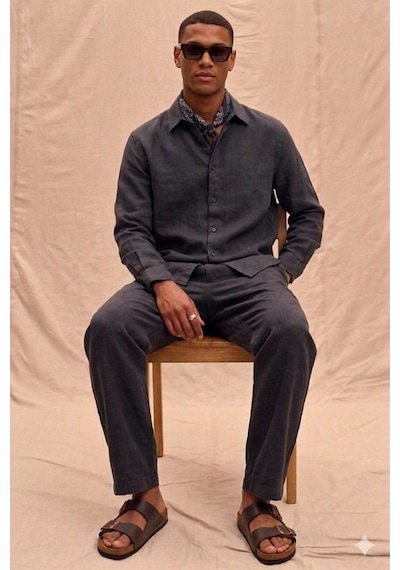 Tarz Cool Erkek Haki Tencel Kumaş Oversize Gömlek Pantolon Takım Rahat Kesim Yazlık Kombin Siyah