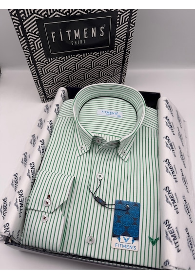 Slim Fit Uzun Kol Premium Çizgili Yaka Düğmeli Hediye Kutulu Erkek Gömlek Fs-004440 - Yeşil-3174
