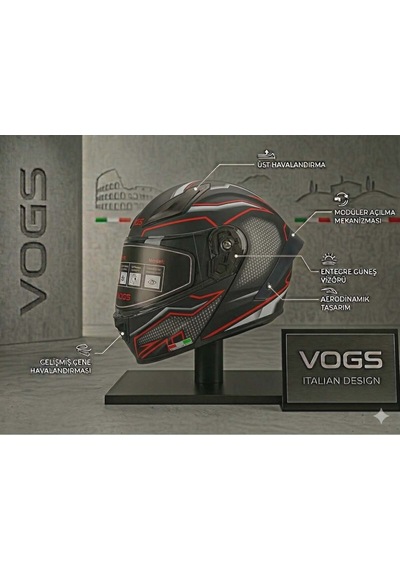 Ws-210 Güneş Vizörlü Çene Açılır Kask Siyah Kırmızı Cizgili Şeffaf Vizörlü İtaly Dizany