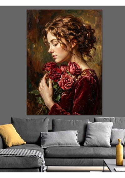 Gül Tutan Kızıl Kadın Romantik Dekoratif Kanvas - Mdf Ahşap Tablo