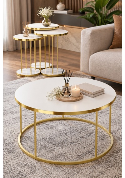 Sulorahome 4'lü Beyaz Ve Gold Metal Ayaklı Sehpa Seti Beyaz - Altın