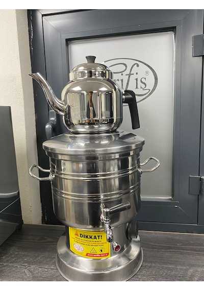 Zarif İş Elektrikli Semaver 70 Bardaklık İdeal Boy Çelik Demlik İçerisinde Gümüş
