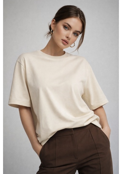 Kadın Bej %100 Pamuk Oversize Basic Tişört Rahat Kalıp Relaxed Bisiklet Yaka T-shirt Bej