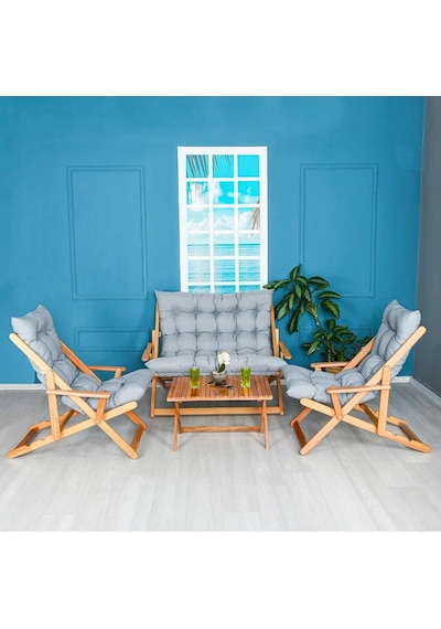 Bysay Ahşap Katlanabilir Şezlong Seti, 4'lü, Gri, Modern Stil, Puf Minderli, Plaj Teras Balkon Bahçe İçin Diğer